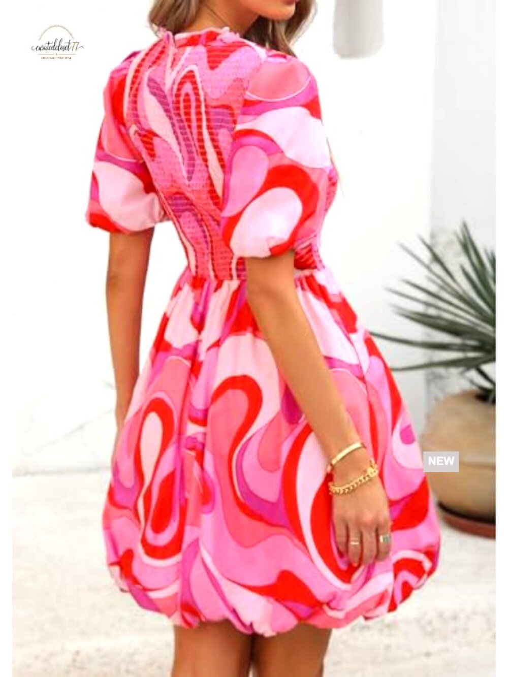 Cotton Smocked Mini Dress Puff Sleeve Boho A-Line Summer Casual - Picture 2 of 7